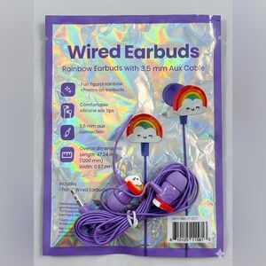 Rainbow Wired Earbuds with 3.5mm Aux Cable & Fun Figural Cloud Charms - NIP